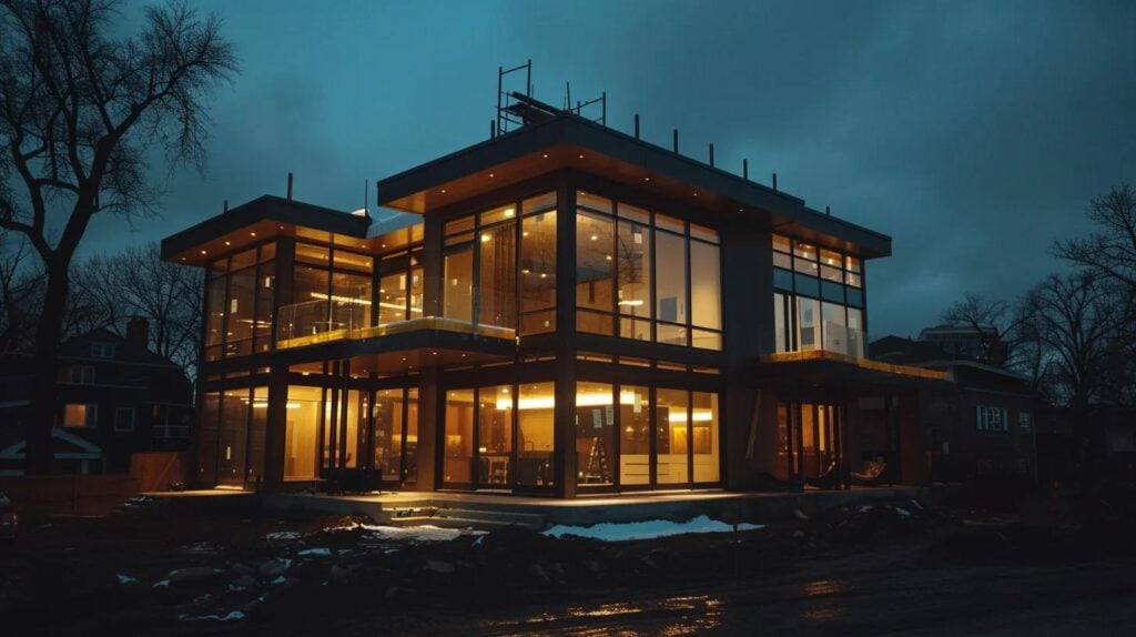 a modern construction site showcases sleek, innovative sustainable materials being assembled into a stylish custom home amidst the bustling urban landscape of fargo, nd, illuminated by artificial lights reflecting off polished surfaces.