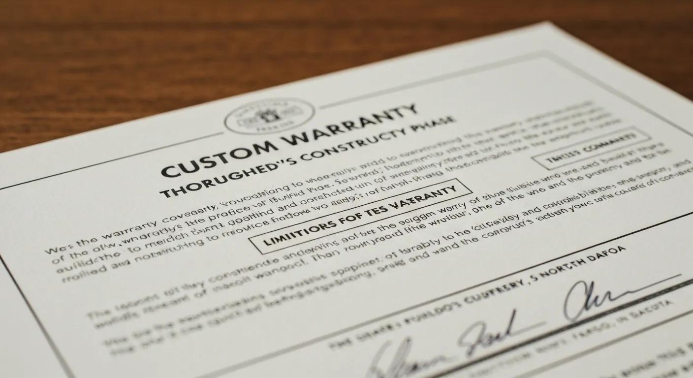 Close-up of a warranty document for a custom home in Fargo, showing a builder's guarantee during construction.